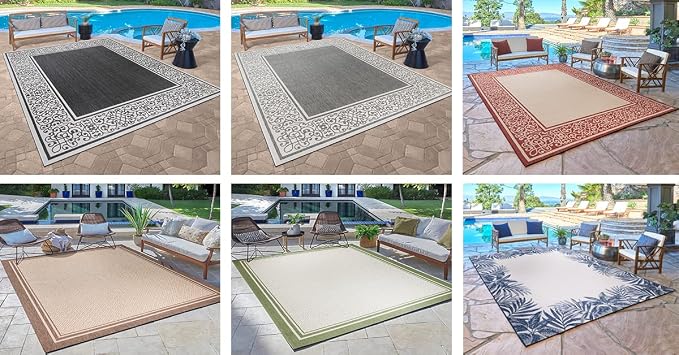 Gertmenian Indoor Outdoor Classic Flatweave Area Rug, Stain & UV Resistant Carpet, Deck, Patio, Poolside & Mudroom, 8x10 Ft Large, Simple Border, Steel Gray Silver, 21971