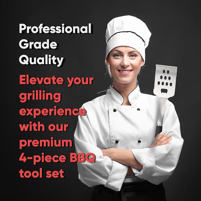 Grill Accessories Kit, BBQ Grill Set, Stainless Steel Grilling Accessories for Outdoor Grill, Spatula, Fork, Brush & BBQ Tongs (4 Pieces)