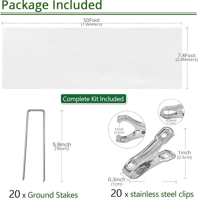 7.8Ft x 50ft Frost Protection Plant Cover – 1.2 oz/yd² Garden Freeze Blanket with Clips & Ground Stakes for Outdoor Winter Plant Protection, Reusable Floating Row Cover for Garden Vegetables