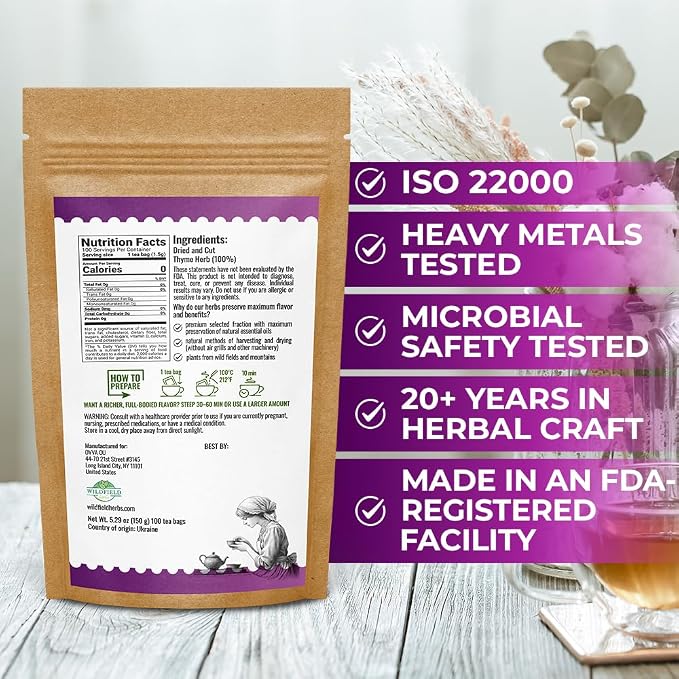 100 Bags Thyme Tea Thyme Leaves Tyme Herb Tea (Thymi Serpiylli Herba) - 100 Count 1.5 g Bags Thymus Serpyllum Herb Tomillo En Hierba