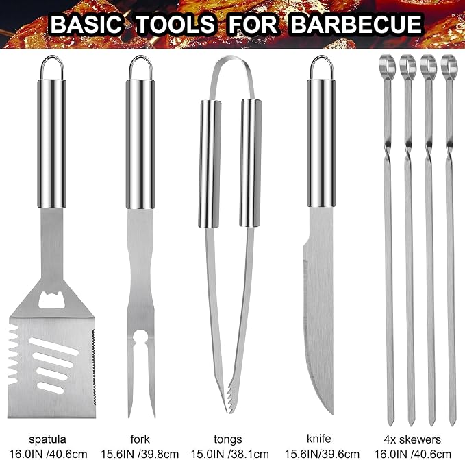 grilljoy 24PCS BBQ Grill Tools Set with Meat Thermometer and Injector - Extra Thick Stainless Steel Fork, Spatula& Tongs - Complete BBQ Accessories in - Perfect Grill Gifts for Father's Day