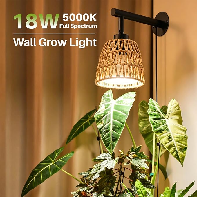 Boho Wall Mounted Grow Light for Indoor Plants, 18W Full Spectrum Hanging Plant Light with 5000K & 3 Dimmable Levels, Decorative Grow Light for Tall Plants & Flowers, 9.8ft Cord