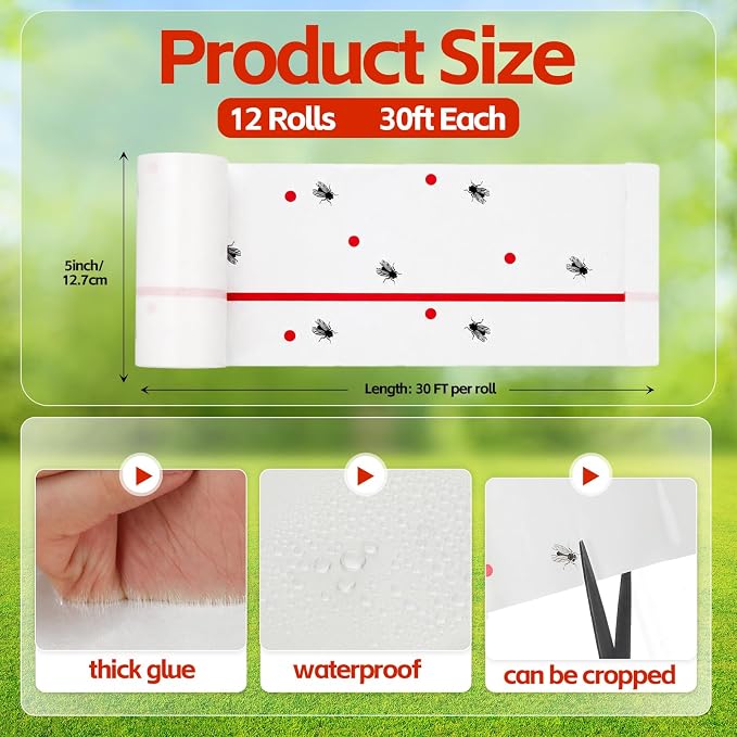 12 Rolls Spotted Lantern Fly Tree Trap 30 Feet Each Roll Lanternfly Tree Outdoor Fruit Fly Sticky Strips Paper Insect Sticky Barrier Trunk Wraps to Protect Plant, Lawn, Garden(White)