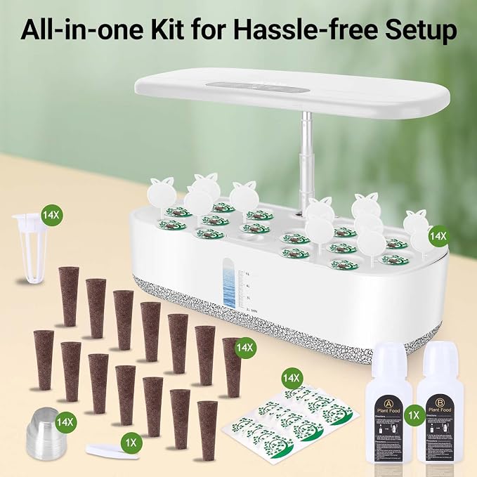 14 Pods Hydroponics Growing System, Indoor Herb Garden with LED Grow Light, 5L Water Tank, Hydroponic Grow Kit with Auto-Timer, STEM Growing Kit