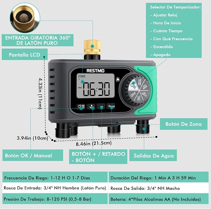 RESTMO 4-Zone Sprinkler Timer, Brass Inlet Programmable Water Timer for Garden Hose, Automatic Digital Irrigation with Manual ON/Off & Rain Delay for Lawn, Drip System & Outdoor Faucet