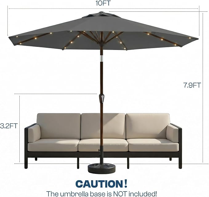 10FT Solar Patio Umbrella with Lights, Outdoor Table Market Umbrella with 32 LED Lights, 8 Sturdy Ribs, Push Button Tilt and Crank for Pool, Deck and Garden, UV-Resistant