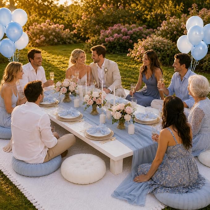 Cinrobiye Boho Picnic Party Set for Outdoor, Aesthetic Picnic Setup with Large Picnic Blanket, Floor Cushions, Table Runner, Napkins, Balloons for Wedding, Bridal Shower, Birthday (Blue)