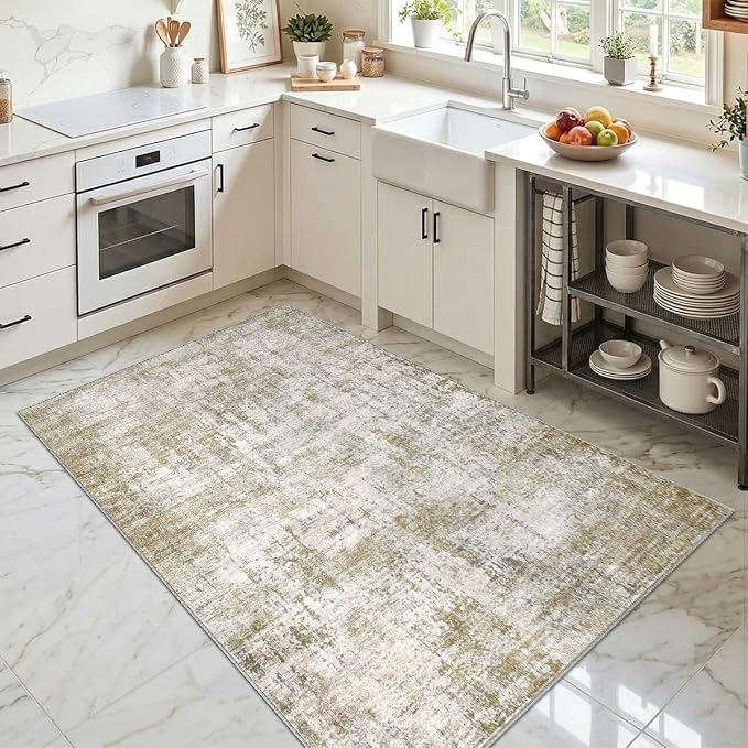 Abstract Area Rug 3x5 Ft Washable Rugs for Entryway Indoor | Tan Non Slip Kitchen Rug Printed Faux Wool Throw Rugs, Neutral Modern Indoor Mat for Entrance Bedroom Office Home Decor