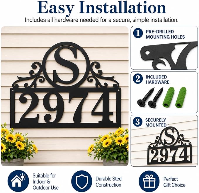 Personalized Metal House Number Sign for Outside, Custom Address Plaque with Family Initial, Door Number Plate for Yard Porch Wall Decor, House Numbers for Home