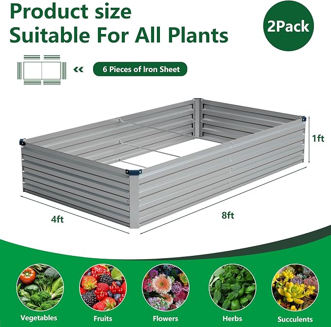 Vengarus 8x4x1FT (2 Pack) Galvanized Raised Garden Bed Kit, Outdoor Metal Planter Box for Vegetables, Rectangular Steel Container, Easy Assembly (Silver)