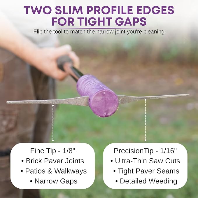 BICRACKIE Stand-Up Paver Crack Weeding Tool with 60" Steel Pole; Steel Blade with 2-Sized, 5" Tapered Ends for Patios, Driveways (Saw-Cut), Sidewalks, Pavers to Remove Weeds Easily; Made in USA