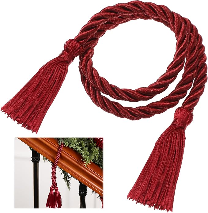Dingion 20 Pcs Christmas Garland Decorative Banister Ties with Tassel 25.2 Inches Christmas Reusable Twist Ties for Garland Fireplace Staircase Banister Home Xmas Holiday Decorations(Burgundy)