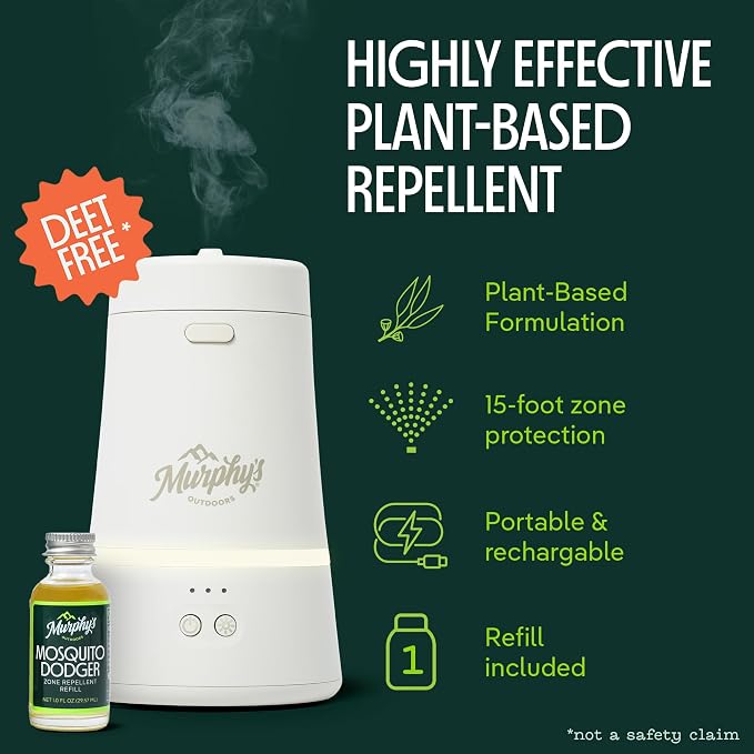 Murphy's Naturals Mosquito Dodger Bug Repellent Diffuser + Refill Oil | Plant-based essential oils; flame-free, USB-C rechargeable, 30-hr protection in a 15-ft zone, refill included