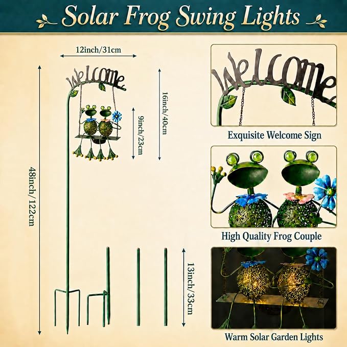 Solar Frog Garden Stake Lights Outdoor Waterproof, Frog Couple Swing Yard Light with Welcome Sign, Metal Garden Decor for Yard Pathway Porch, Garden Stake Light Gift for Women Mom (48 Inch)
