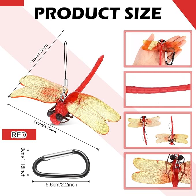 Qualirey 1pc Dragonfly Hat Clip Realistic Simulated Dragonfly with Hook Clip Attach to Backpack Hat for Indoor Yard Garden Plant Decor (Red)
