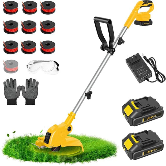 ALSO GO 21V Cordless Weed Wacker, Weed Eater Battery Powered with 2 x2.0Ah Batteries and 10 Spare Spools, 12''Grass Trimmer with Auto Line Feed, 2-in-1 Grass Trimmer& Edger Lawn Tool for Yard, Garden