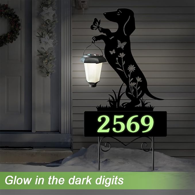 Solar House Numbers for Outside,Metal Dachshund Dog Address Signs for Houses with Glow in the Dark,Outdoor Decorative for Garden,Lawn,Patio,Path