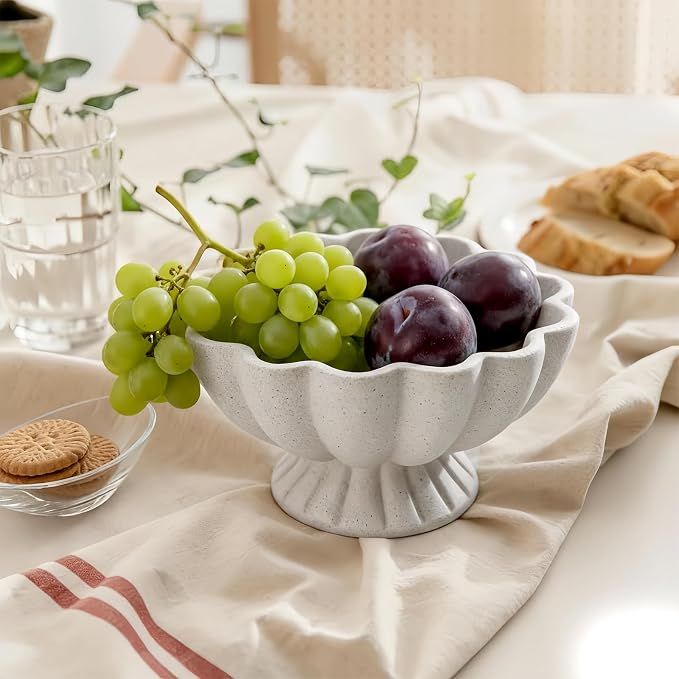 Pedestal Decorative Bowl Home Decor - 7.9" Morden Resin Handmade Decorative Fruit Bowl for Kitchen Counter, Chic Ruffle Bowl Centerpiece Decor for Dining Table Coffee Table (Spotted White)