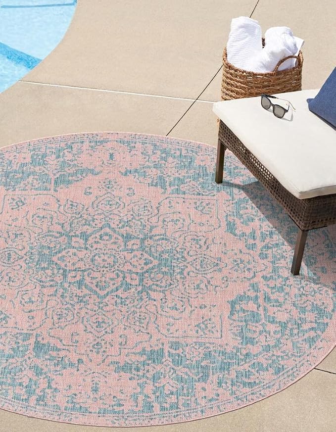 Unique Loom Jill Zarin Jill Zarin Outdoor Collection Area Rug - Dubai (10' 8" Round, Pink and Aqua/Light Blue)