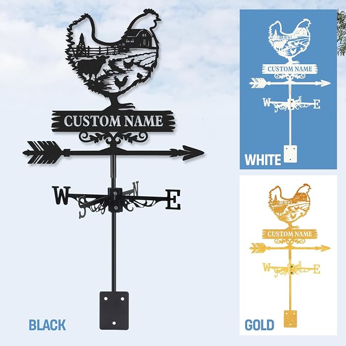 Personalized Metal Weather Vane, Custom Name Weathervane, Chicken Coop Signs, Weather Vanes for Outside, Wind Vanes for Farmhouse Yard Shed Decor, Housewarming Gifts Color01