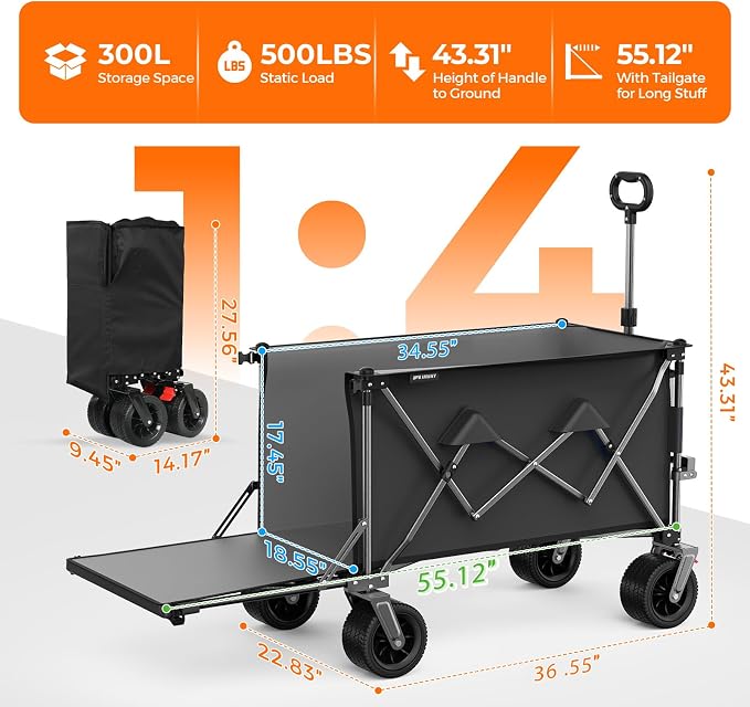 Collapsible Wagon with Tailgate, 55" Expandable 300L All-Terrain | 500 Lbs Heavy Duty, Utility Folding Wagon, 7"×4" Wheels, 360° Swivel & Brakes, Long Item Storage,Beach, Camping, Gardening