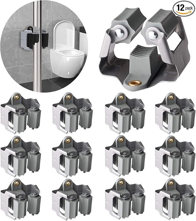 3-H 12 Pack Mop and Broom Holder Big Size Hanging 1 KG Extra,Broom Hanger Wall Mount for Hanging and Organizing Shove Rake Yard Tools in Shed Kitchen Laundry Room Bathroom Garden(Grey)
