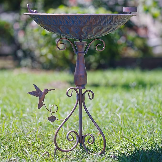 DREAMSOUL 20" Dia Large Bird Bath Stand, Purple Bird Bath for Outside with Peacock Feather Pattern 4" Deep Birdbath for Lawn Patio Decor