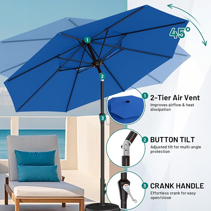 AreShark 9ft 2 Tiers Patio Umbrella - Outdoor Umbrella Waterproof UV Protection, Market Table Umbrella w/Push Button Tilt&Crank for Pool, Porch, Garden(Royal Blue)