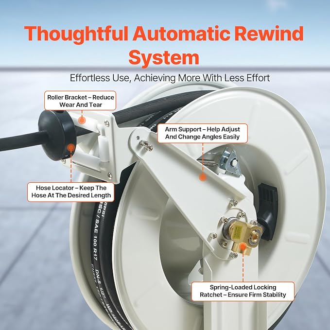 VEVOR Fuel Hose Reel, 1/4" x 50', Extra Long Retractable Grease Hose Reel, Spring Driven Auto Swivel Rewind, Heavy-Duty Carbon Steel Construction with Hose for Auto Repair, Heavy Industries, 5800 PSI