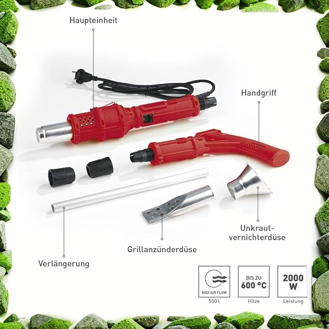 2000W Electric Weed Burner - 650℃ Thermal Weeder & BBQ Lighter W/2 Nozzles, 6ft Cord For Garden/Patio/Driveway (Flame & Hot Air Modes)