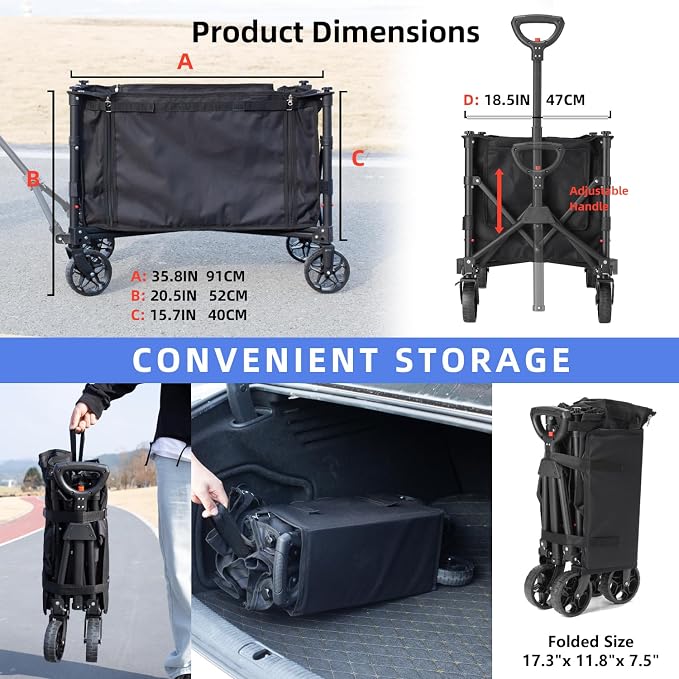 novelinks Foldable Utility Cart, Heavy Duty Collapsible Garden/Beach Wagon Supporting 440lbs, Outdoor Grocery Wagon with Brakes and Pocket, Sports Camping Shopping (Large 120L)
