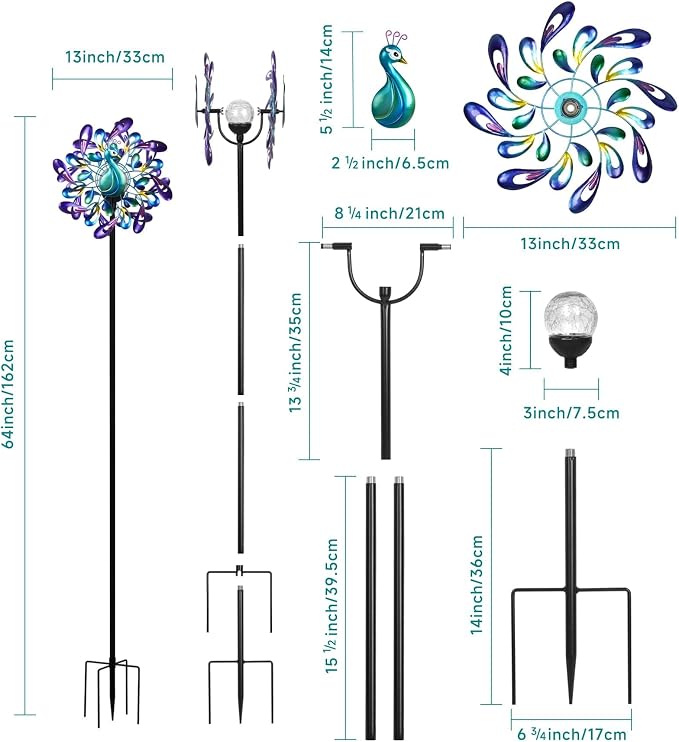 Peacock Wind Spinner Metal Kinetic Turquoise Green Garden Yard Art | Hand-Crafted, Shimmering turquoise metal peacock sculpture, Auto-glow solar crackle ball, Stable 5-prong stake