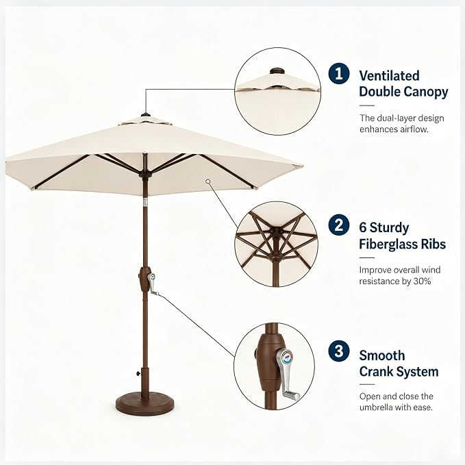 7.5ft Patio Umbrella, Outdoor Table Market Umbrella with Smooth Crank Lift, 6 Windproof Fiberglass Ribs, UPF50+ UV Protection for Deck, Pool, Garden and Backyard