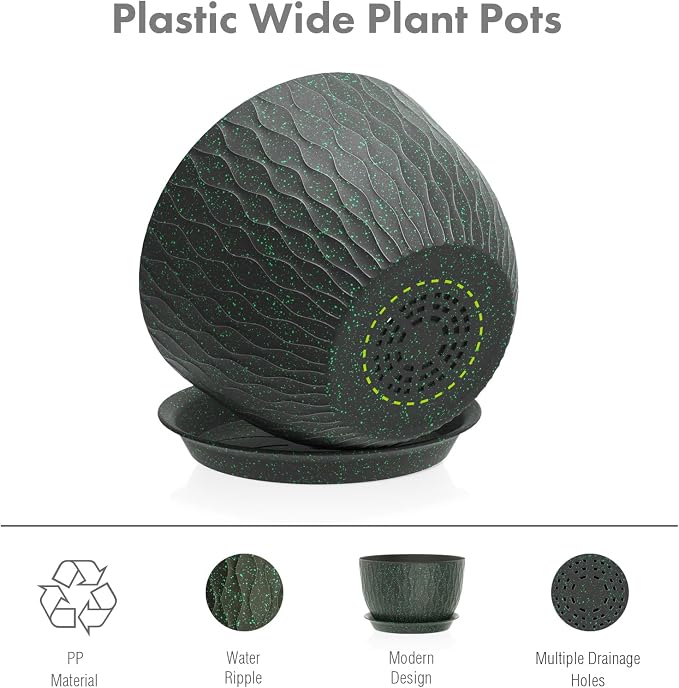 Meowell 12/10/9 inch Large Plant Pots, 3 Pack Wide Flower Pots for Outdoor Indoor Plants, Water Ripples Plastic Planters with Drainage Holes and Saucers for Garden House, Black with Green Speckles