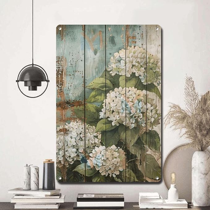 Metal Sign Tin Sign Vintage Shabby Chic Hydrangeas Tin Sign for Vintage Rustic Home Decor and Distressed Wood Panels with Weather Resistant Finish Greenhouse Decor for Club 6×8 Inches