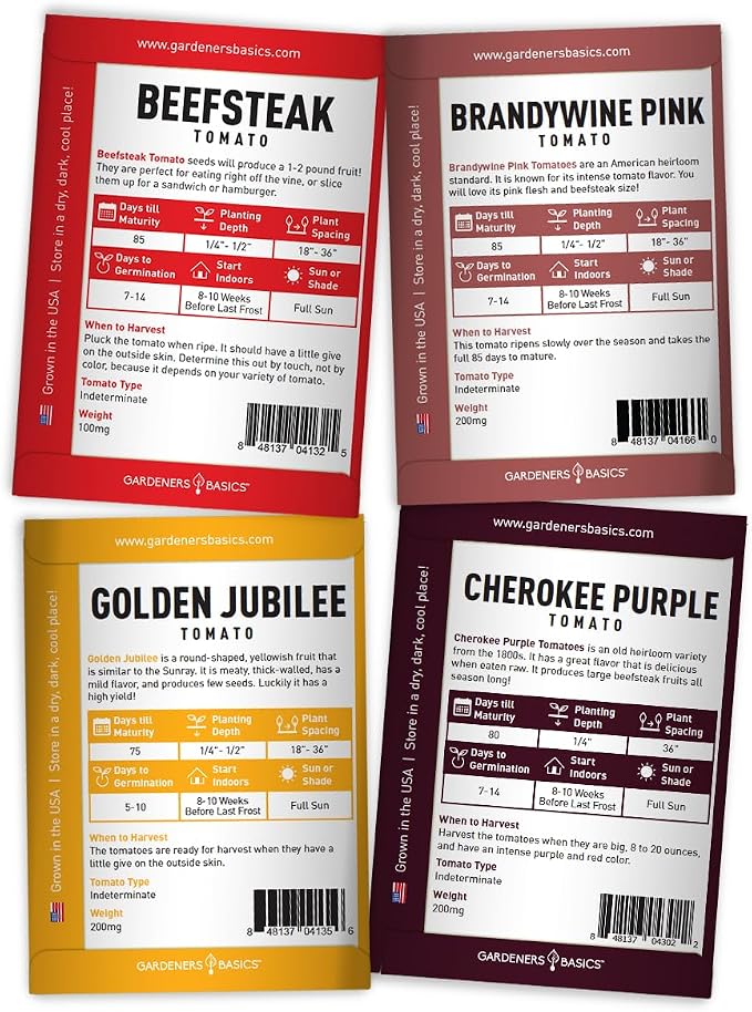 Gardeners Basics, Tomato Seeds for Planting 16 Variety Pack Heirloom Tomato Seeds, Tiny Tim, Cherry Tomato Seeds, Beefsteak Seeds, Roma Tomato Seeds, Determinate and Indeterminate and More, Non GMO