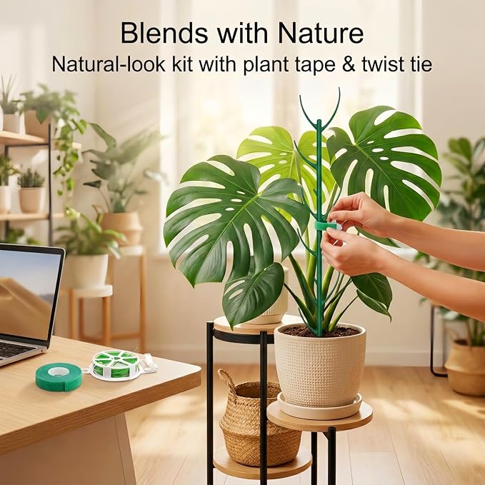 10-Pack Monstera Plant Support Stakes - Stackable Sticks for Indoor Plants up to 25" - Outdoor Garden Poles & Trellis with Tape & Twist Tie for Climbing Vines
