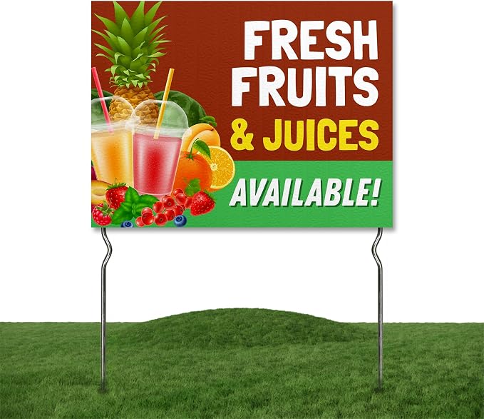 Fresh Fruits & Juices Available! Yard Sign by DC | 24"x18" Double Sided Conv. Store Garden Sign with 13” Metal Stakes | Outdoor Signs Waterproof for Lawn, Patio, Sidewalk & House | Set of 2