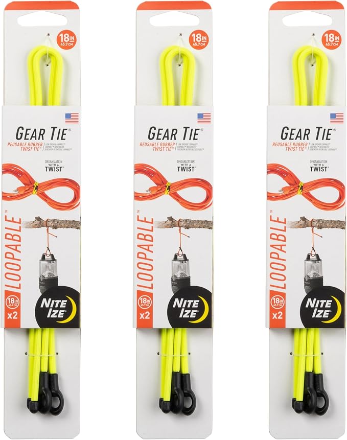 Nite Ize Gear Tie Loopable Twist Tie - Reusable & Flexible Twist Ties - Bendable Cable Ties for Gear & Cords - Loopable for Secure Fastening - 18", Neon Yellow (3 Pack)