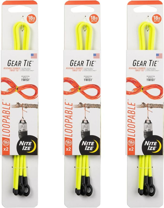 Nite Ize Gear Tie Loopable Twist Tie - Reusable & Flexible Twist Ties - Bendable Cable Ties for Gear & Cords - Loopable for Secure Fastening - 18", Neon Yellow (3 Pack)