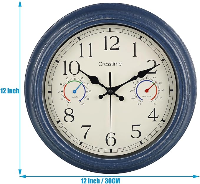 Crosstime 12 Inch Outdoor Clock Waterproof with Thermometer & Hygrometer – Silent Retro Wall Clock for Patio, Pool, Porch, Backyard, Bathroom – Blue