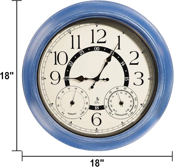 18-Inch Outdoor Wall Clock with Thermometer Hygrometer, LED Auto Light Sensor, Outdoor Clock Waterproof Large Display for Garden Patio Home Decor