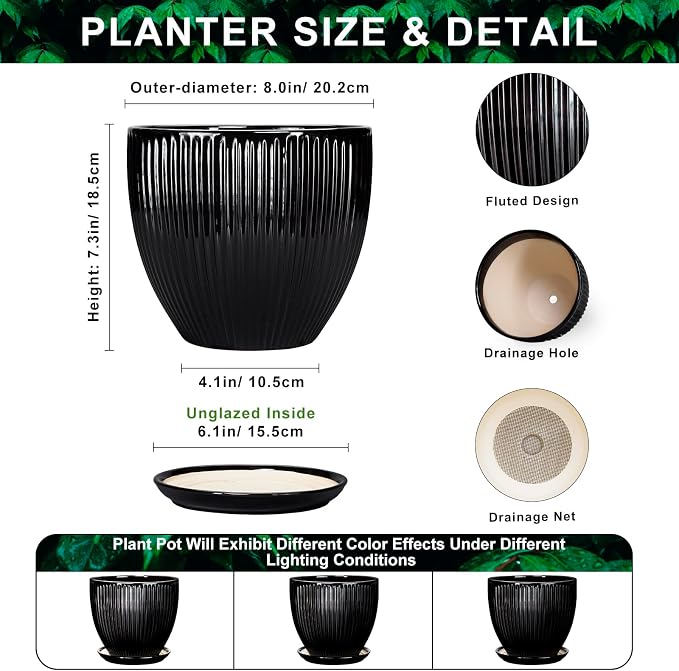 8 Inch Plant Pot, Ceramic Planter with Drainage Hole and Saucer, Modern Planters for Indoor Plants, Indoor Planter, Decorative Round Flower Pot, Apartment Decor, Plant Lover Gifts, Black