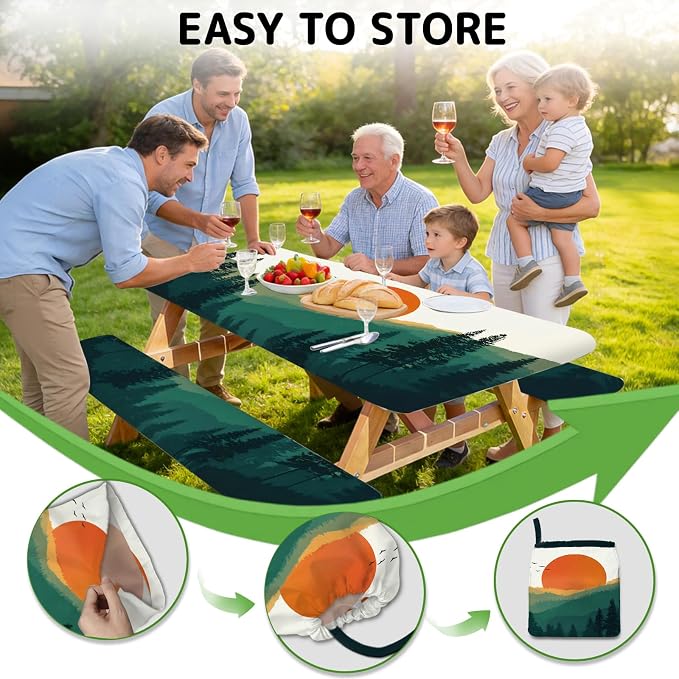 Picnic Table Cover with Bench Covers Elastic Edges, 3 Pcs Mountain View Fitted Table Cover with Drawstring Bag, Waterproof Windproof Aesthetic Camping Tablecloth, Outdoor Camping Essentials 72 Inch