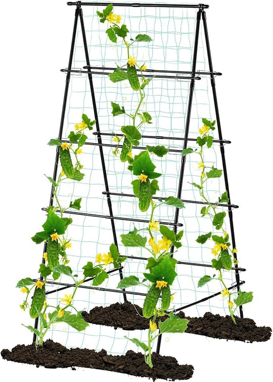 Cucumber Trellis for Raised Garden Bed, 71" H x 32" W A Frame Garden Trellis for Climbing Plants Outdoor, Metal Climbing Vine Plant Support Fruits Vegetables Tomato Peas Beans Trellis, Black