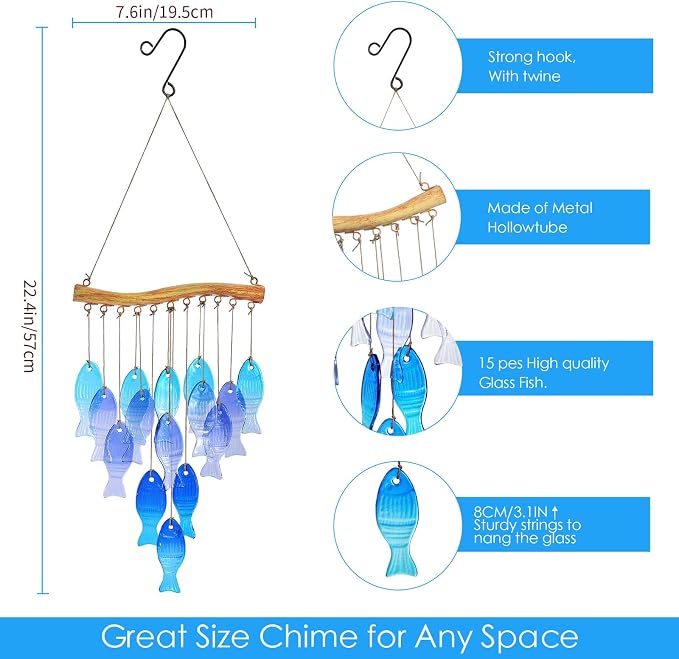 Glass Fish Wind Chimes for Outside/Inside - Handcrafted Stained Glass and Iron Decorative Sea Glass Windchime - Unique Bohemian Coastal Decor for Garden, Patio, Porch - Sympathy Gift (Blue Fish)