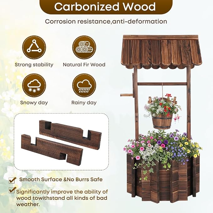 Wishing Wells for Outside,Wooden Wishing Well Planter,Rustic Flower Planter for Garden Patio Lawn Backyard Home Decor-21.7X21.7X47.25IN
