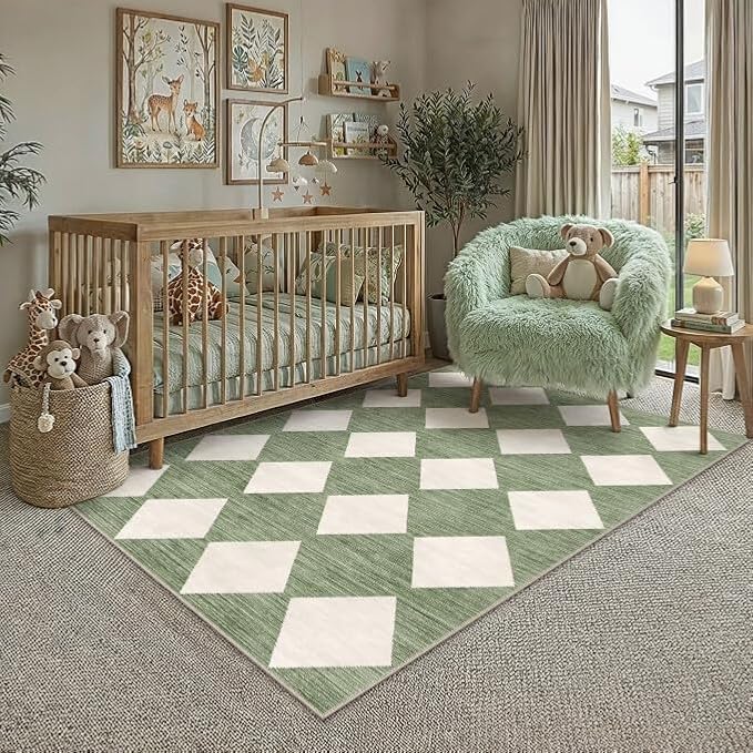 Green 3x5 Washable Area Rug Entryway Non Slip Checkered Carpet | Soft, Low Pile, Easy Clean, Diamond Pattern for Living Room, Bedroom, Kitchen, Office, Nursery, Modern Indoor Decor