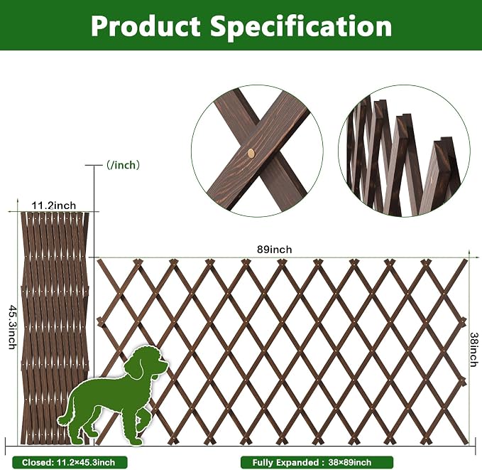 Expandable Wooden Lattice Panels Outdoor Garden Fence Trellis for Climbing Plants Roses Vines Cucumbers Weather Resistant Decorative Wood Privacy Fence (2, 38''x 89'')