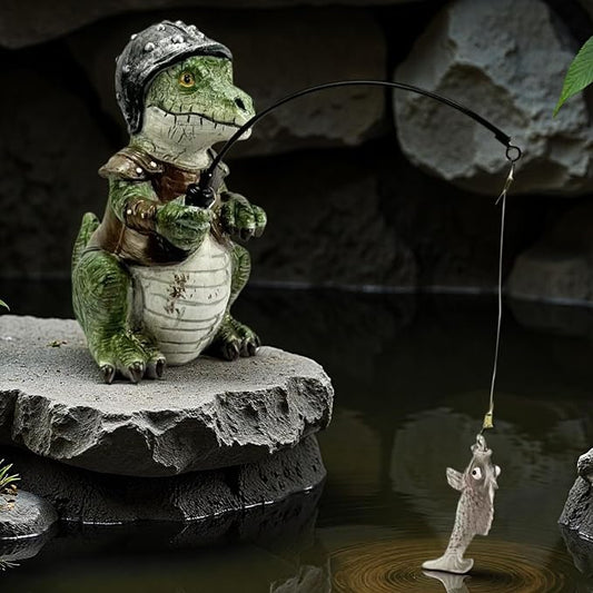Garden Dinosaur Pond Statues Decoration, Fishing Dinosaur Garden Statue Outdoor Koi Pond or Waterfall Decor, 7.1" Crocodile Fishing Poolside Statue, Animals Patio, Lawn Additional, Gifts for Mom